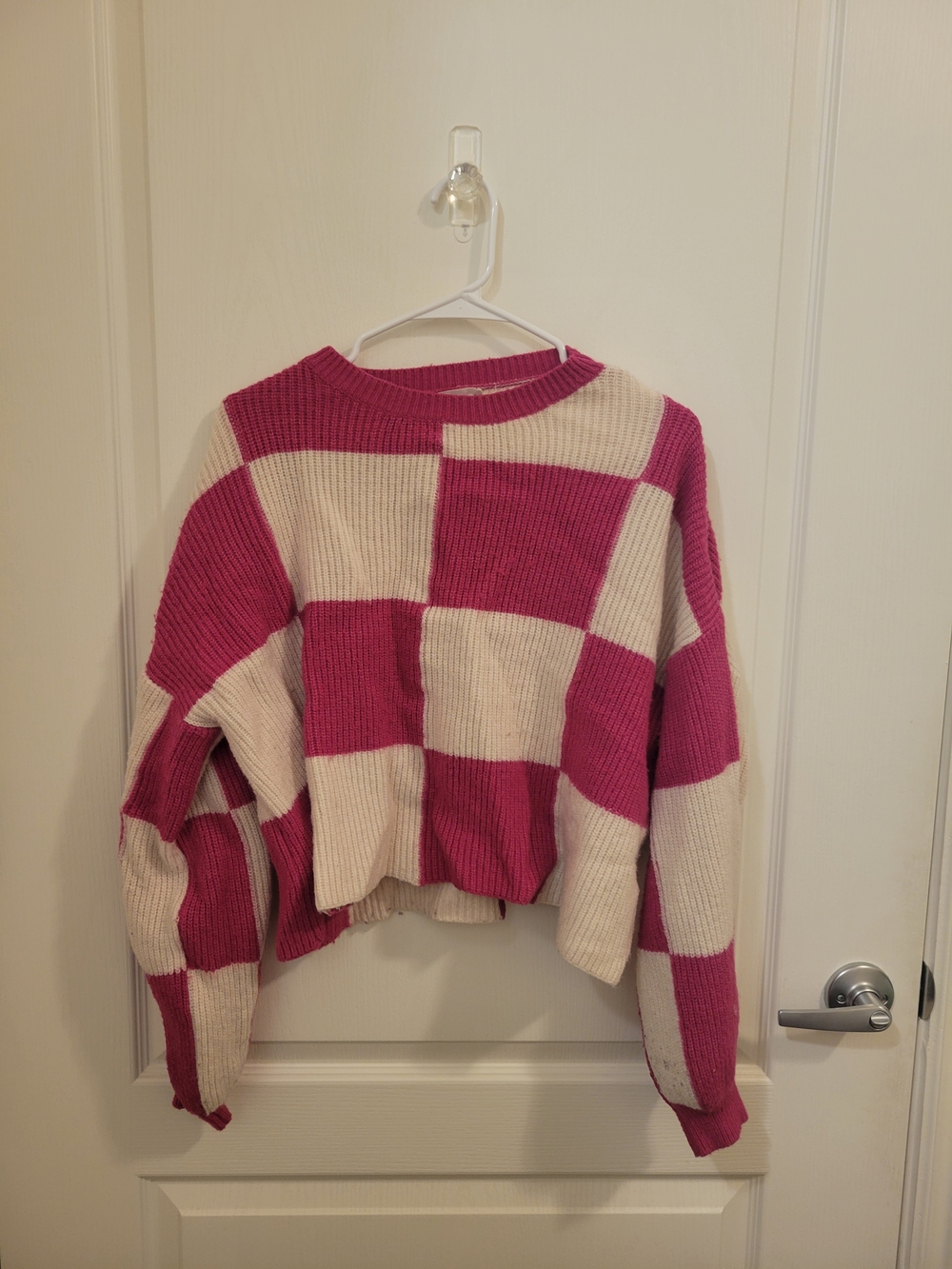Checkerboard Crewneck Sweater - Pink & Cream